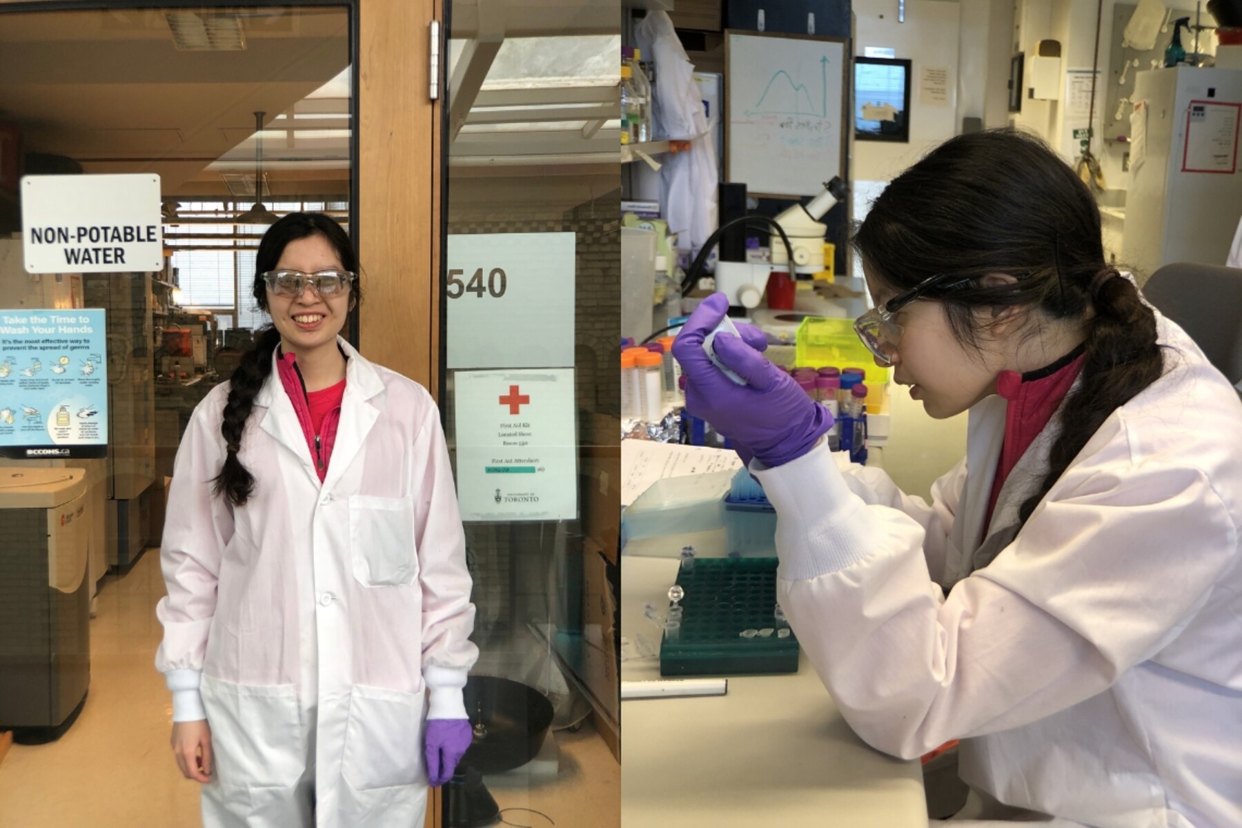 Composite of images of Celestine Hong standing outside lab entrance and working at the lab bench