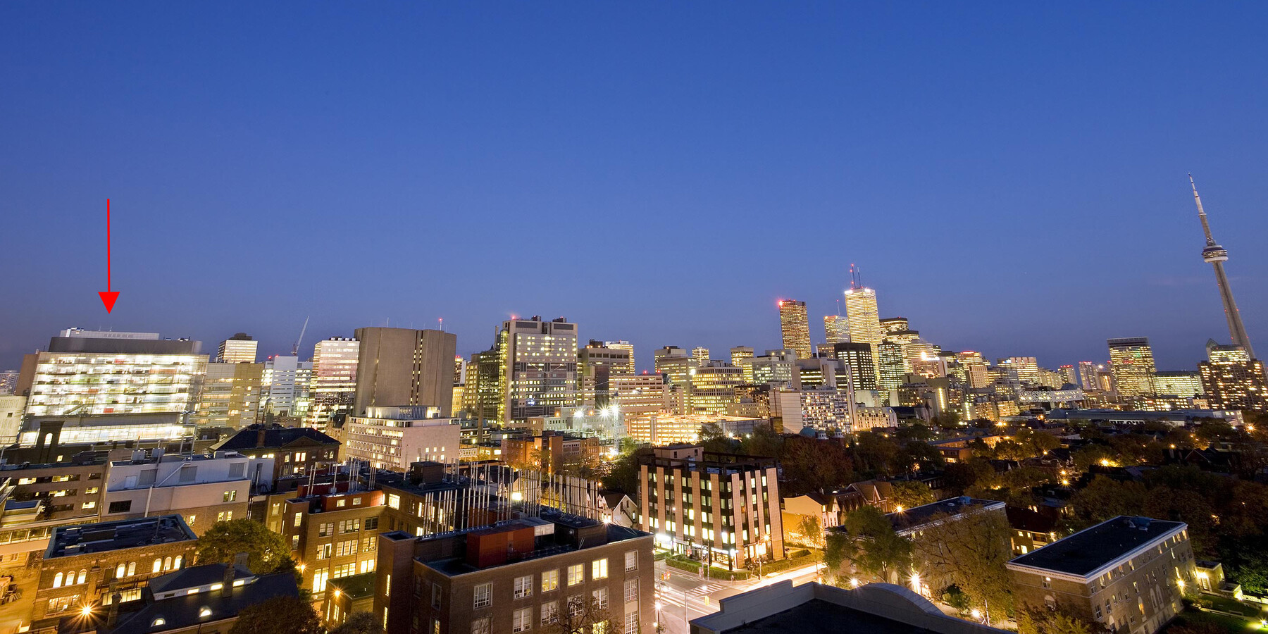 Toronto at dusk with Donnelly Centre on the left