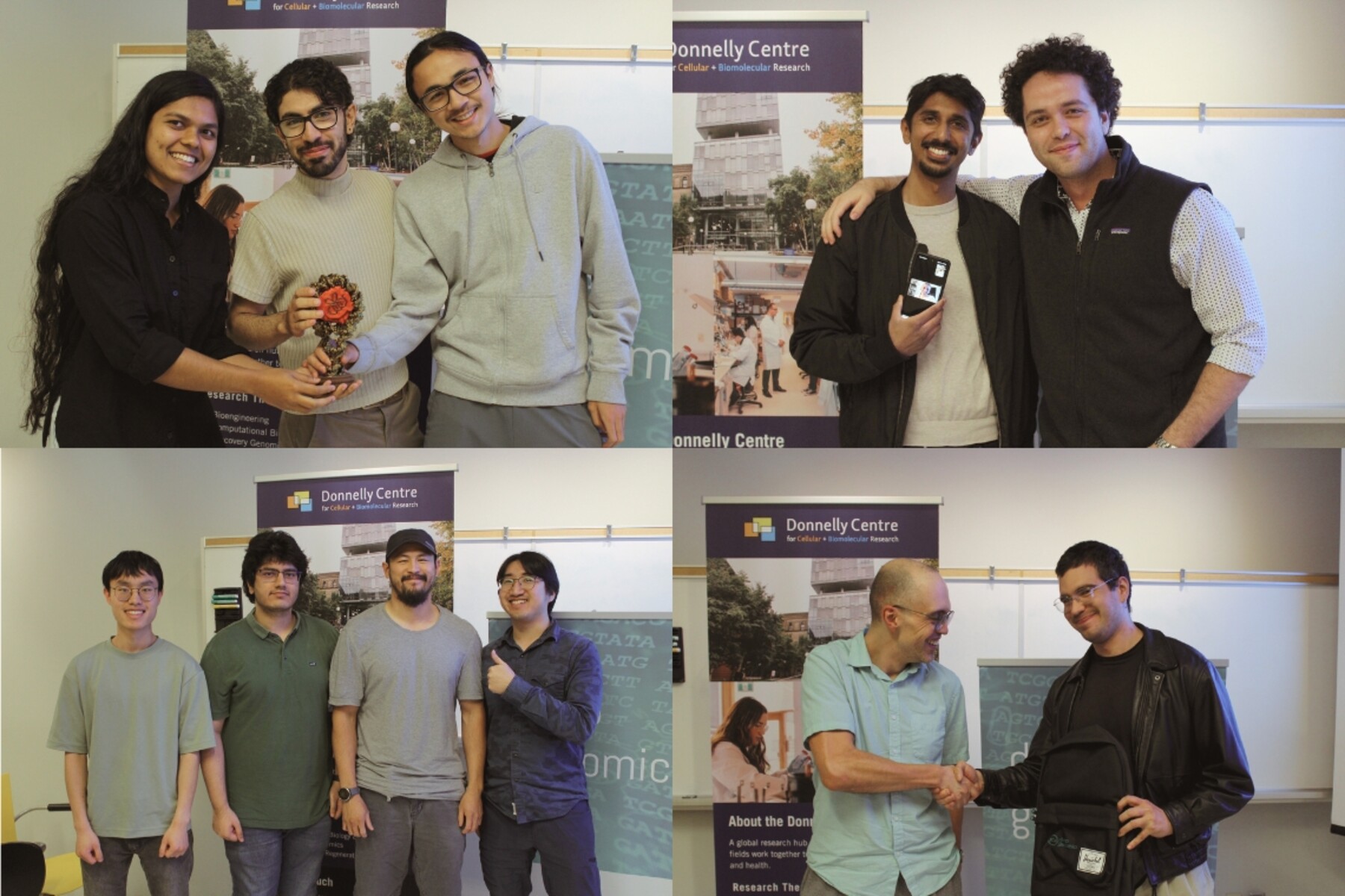 Composite of group photos of award winners standing in front of Donnelly Centre banner