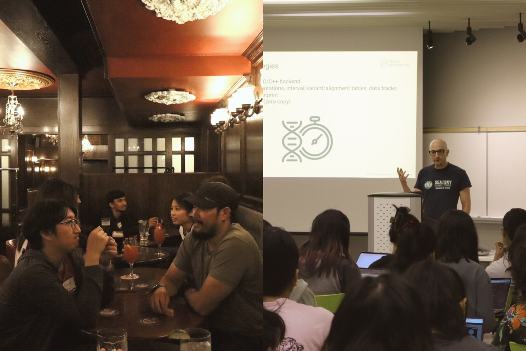 Composite of images of a group at a pub (left) and a man giving a PowerPoint presentation to an audience (right)
