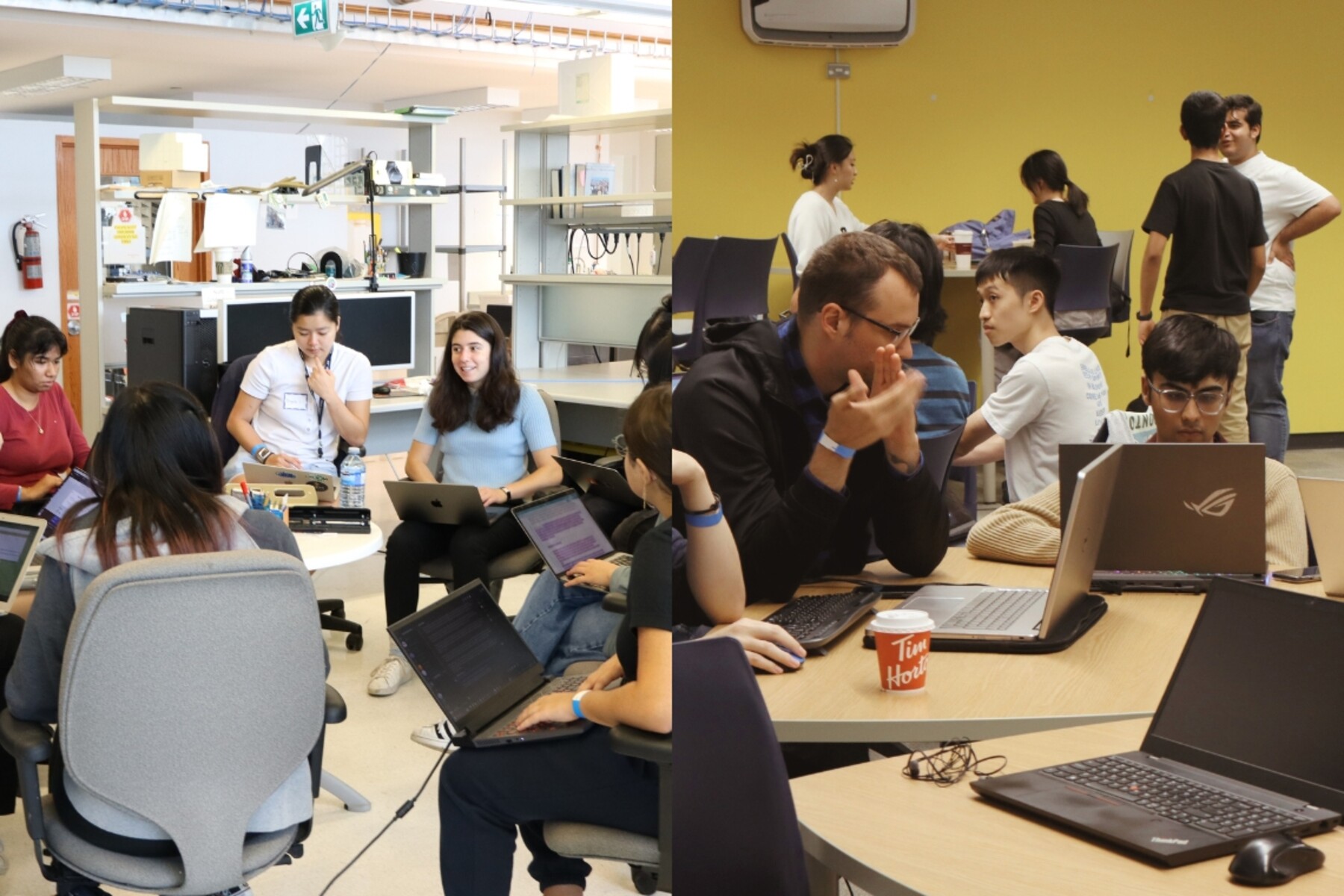 Composite of candid group photos of people working on laptops