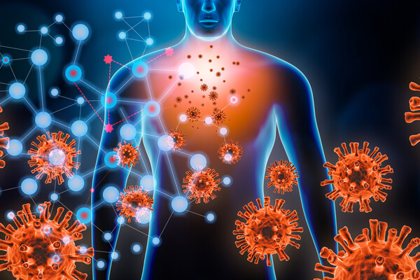 illustration depcting coronavirus particles interacting with human body