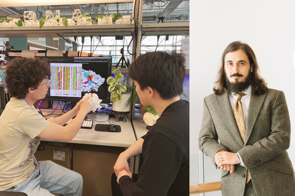 Composite image of (left) two researchers sitting in front of a computer with the one on the left holding and pointing to a 3D-printed model of a virus and (right) a man in a grey blazer and brown tie leaning against a railing