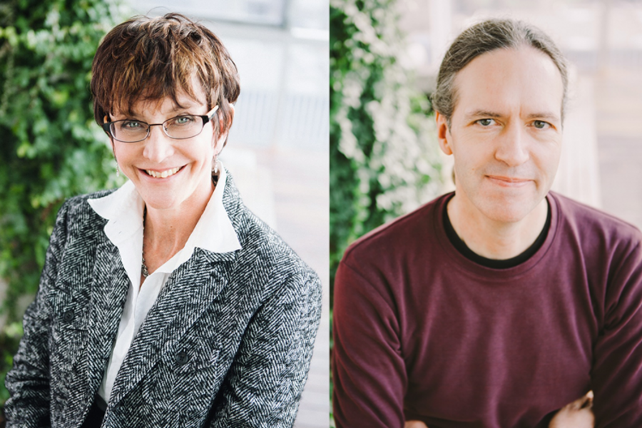 headshots of awarded researchers, bespectacled female and ponytailed male, left to right