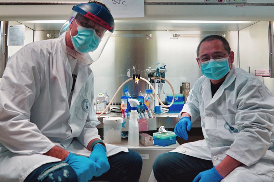 Researchers in the lab wearing protective gear
