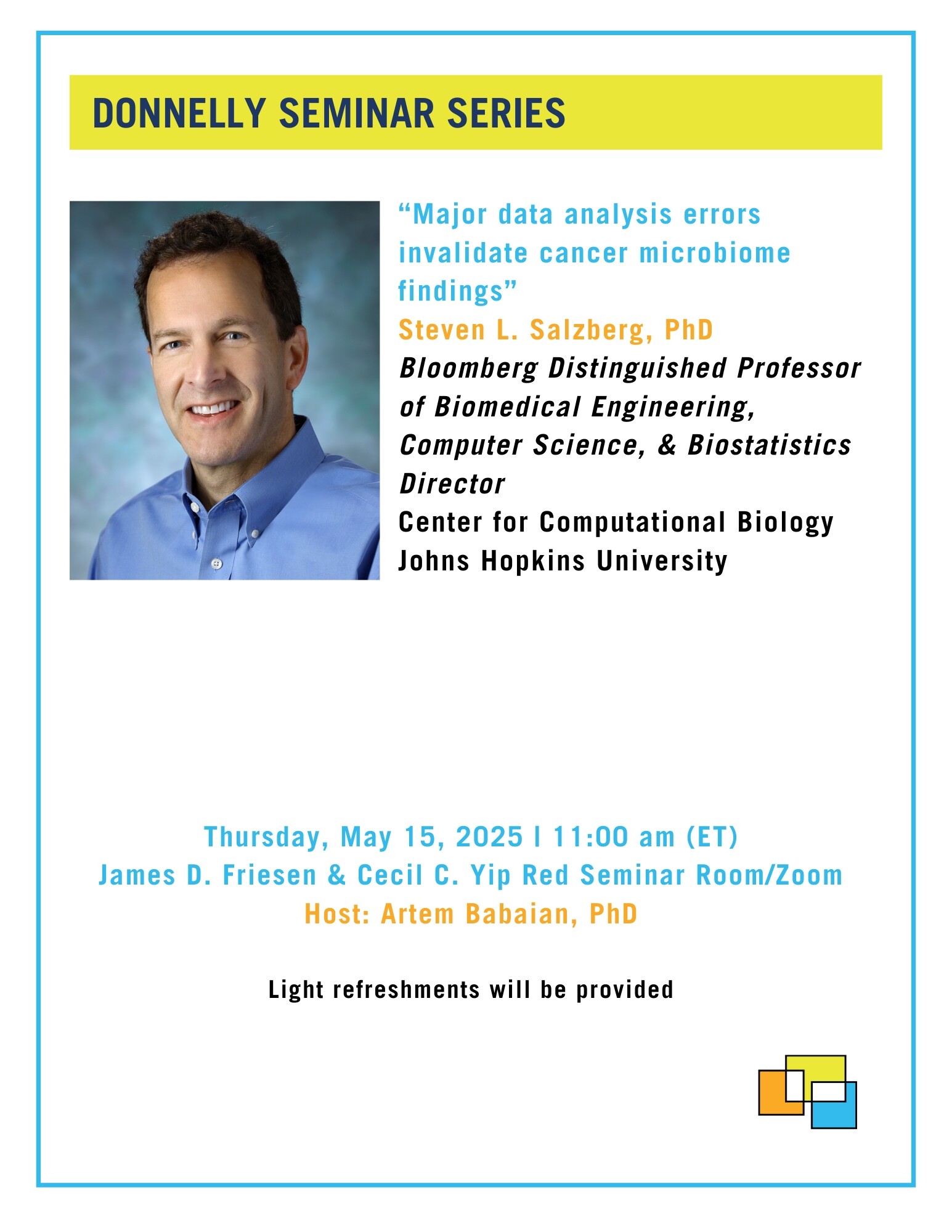 Poster for Donnelly Seminar on "Major data analysis errors invalidate cancer microbiome findings"