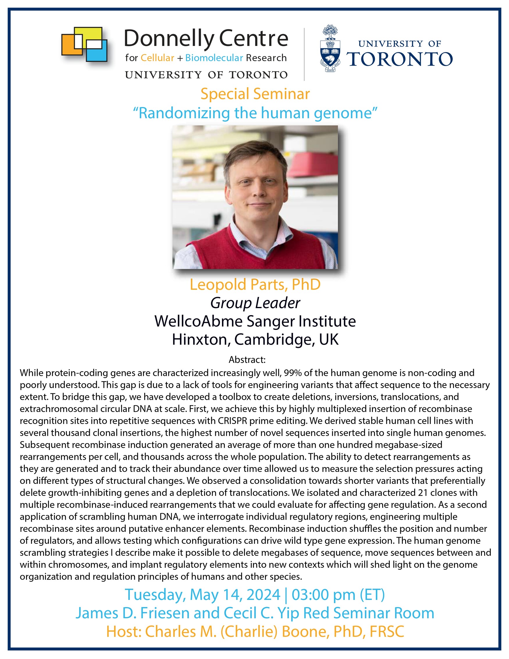 Poster for Donnelly Centre Seminar on "Randomizing the human genome"