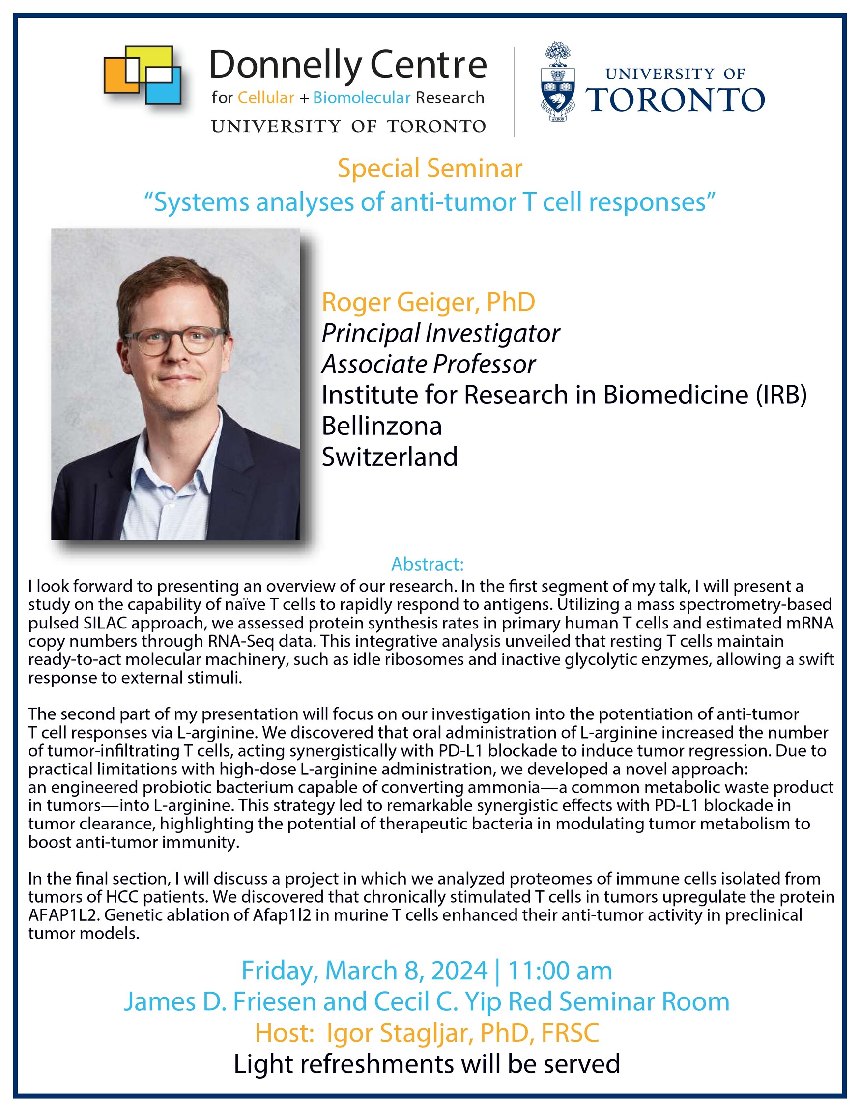 Poster for Donnelly Centre Seminar on "Systems analyses of anti-tumour T cell responses"