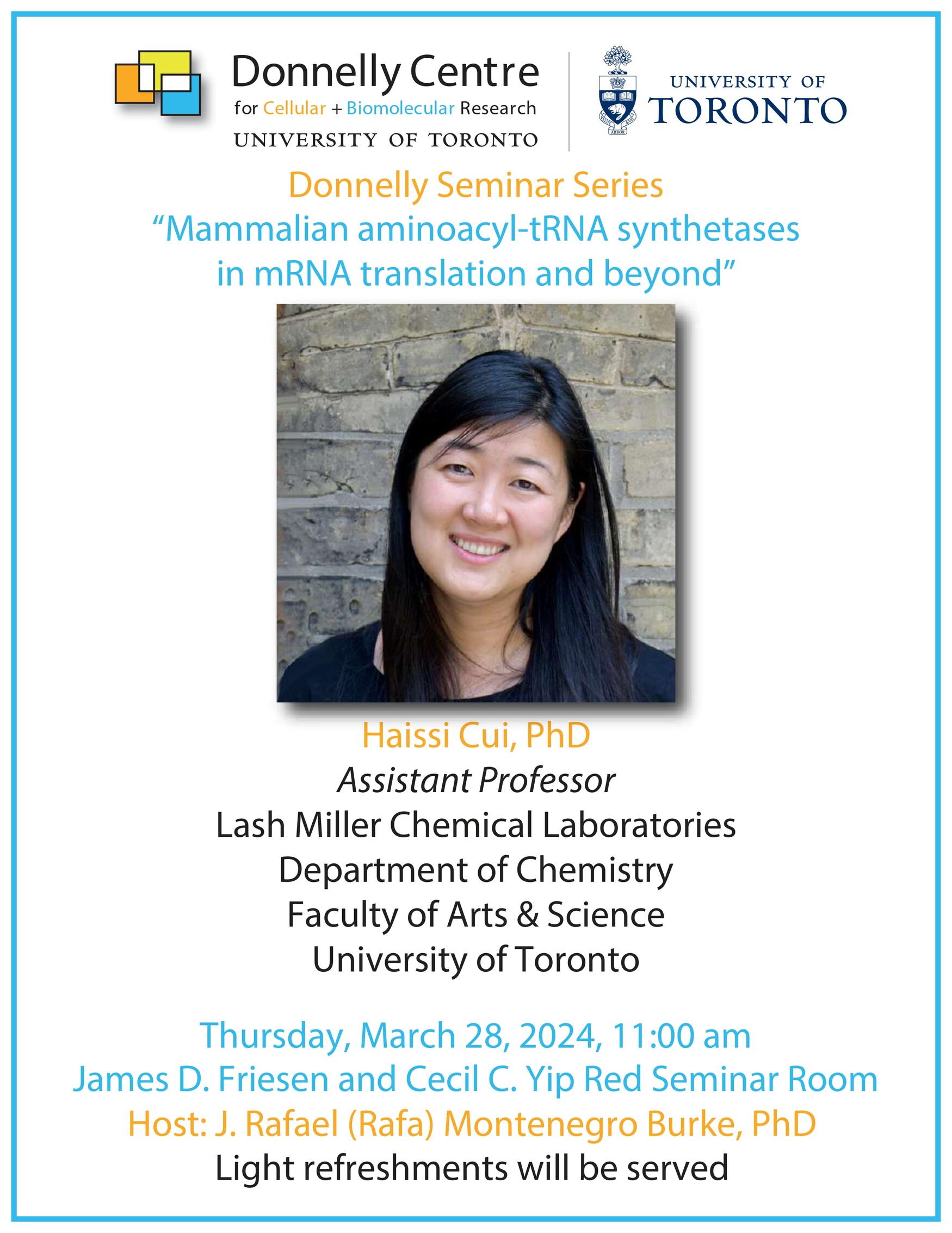 Poster for Donnelly Centre Seminar on "Mammalian aminoacyl-tRNA synthetases"