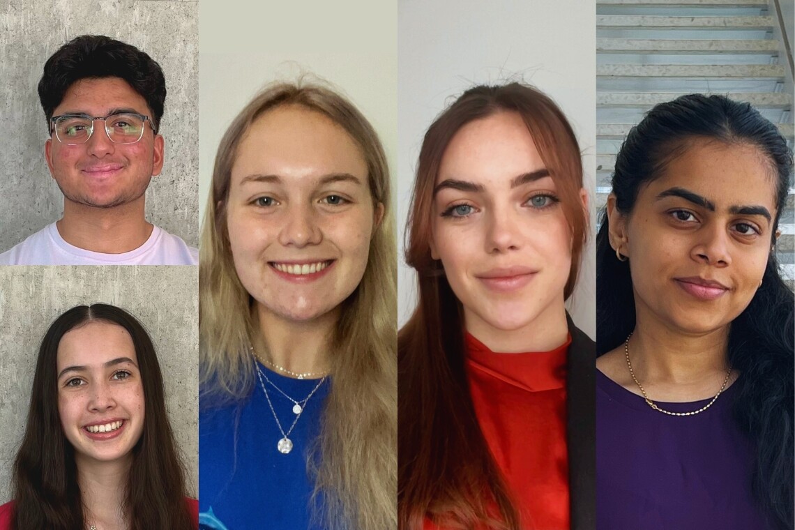 Composite of headshots of Taha Malik, Charlotte Selda, Alexa Maxwell, Ellie Monroe and Tisha Parikh