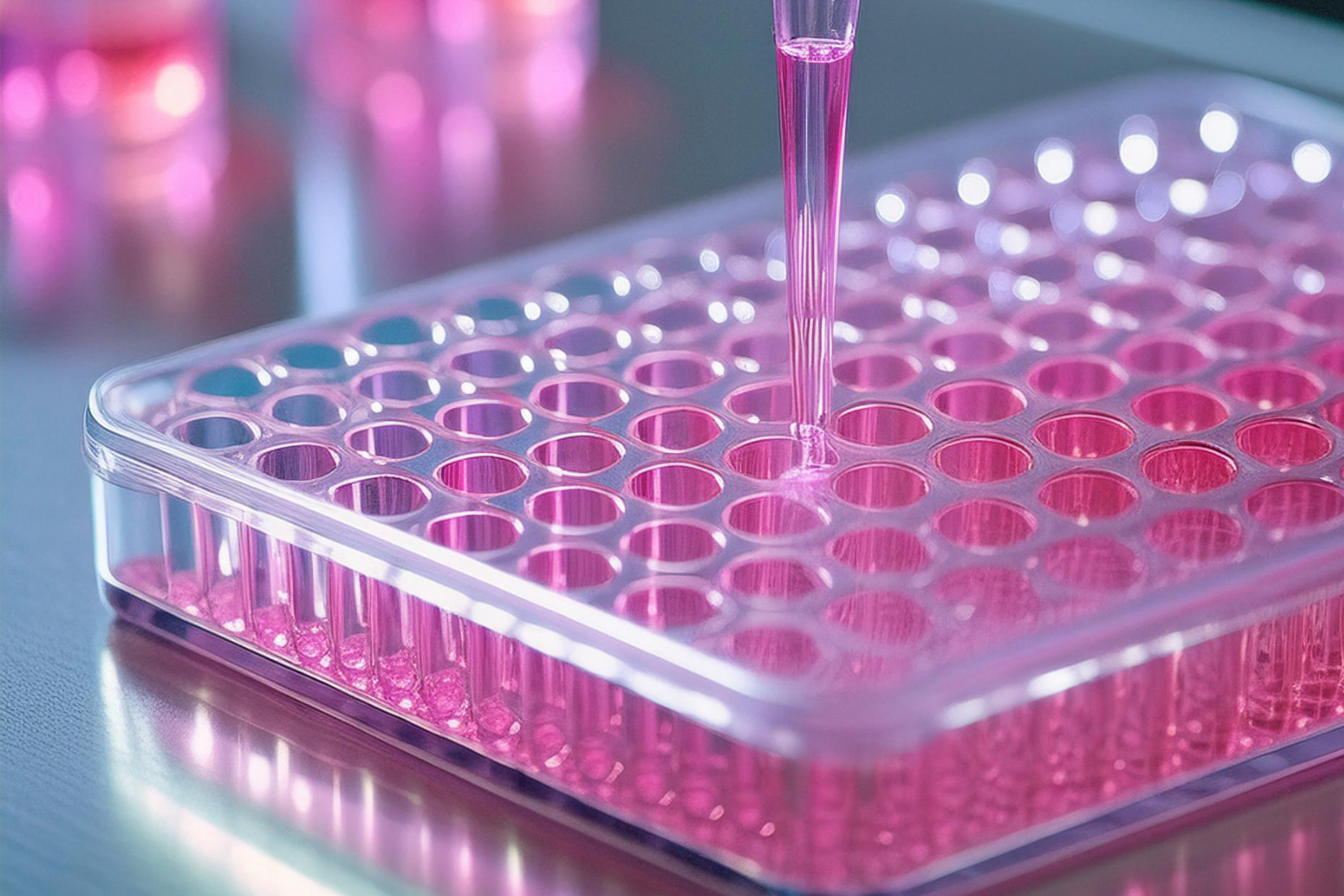 Pipette dispersing pink liquid into well plate