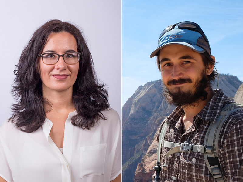 a collage of a headhot of female on the left half and of male on the right. The woman is white and has long brown hair, and is wearing a white shirt and glasses. The man has a beard and cap and is pictured in the mountains in climbing gear.