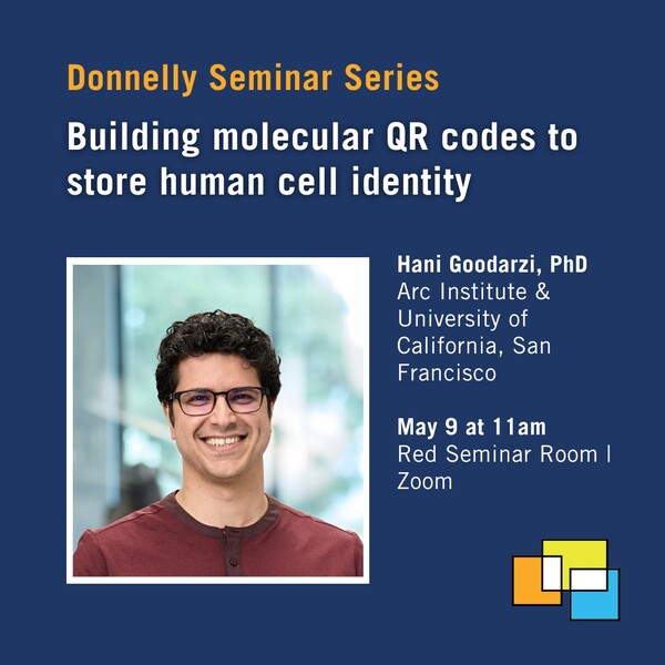 Social media card for Donnelly Centre seminar on "Building molecular QR codes to store human cell identity"