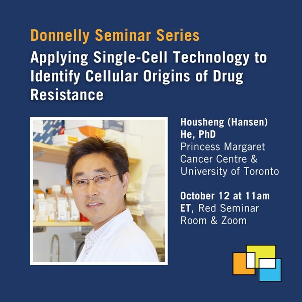 Social media card for Donnelly Centre seminar on "Applying single-cell technology to identify cellular origins of drug resistance"